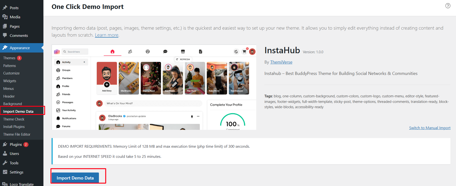 Demo import screen 1