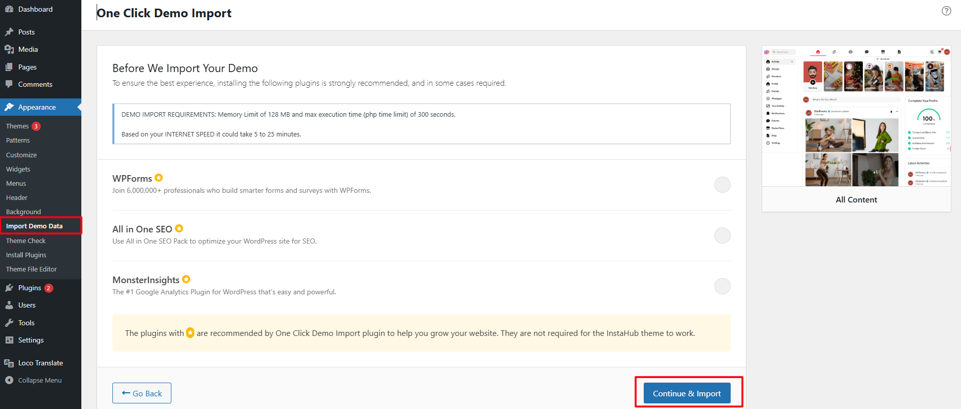 Demo import screen 2