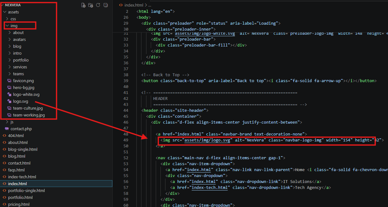Logo HTML markup example showing img tag with assets/img/logo.svg src