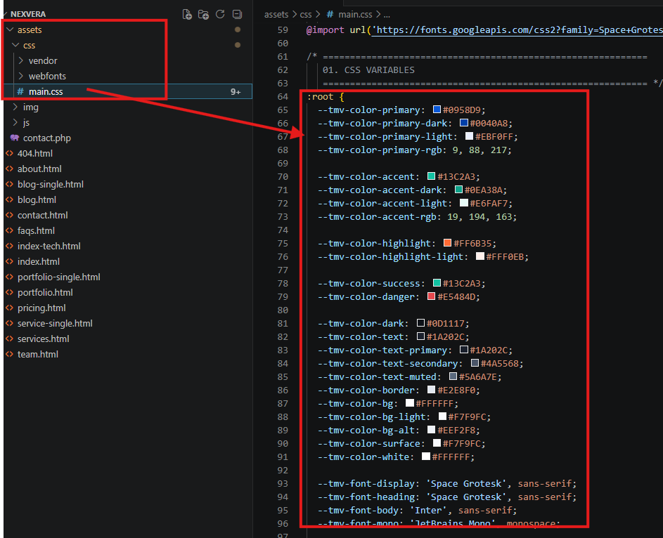 CSS variables example showing --tmv-color-primary and color vars in main.css