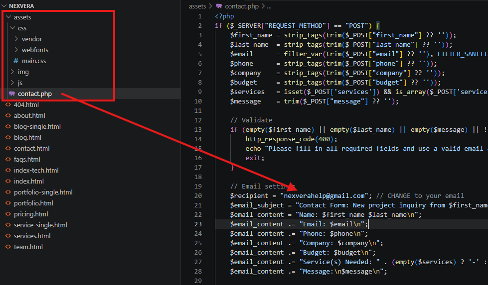 contact.php source showing the recipient email variable to change