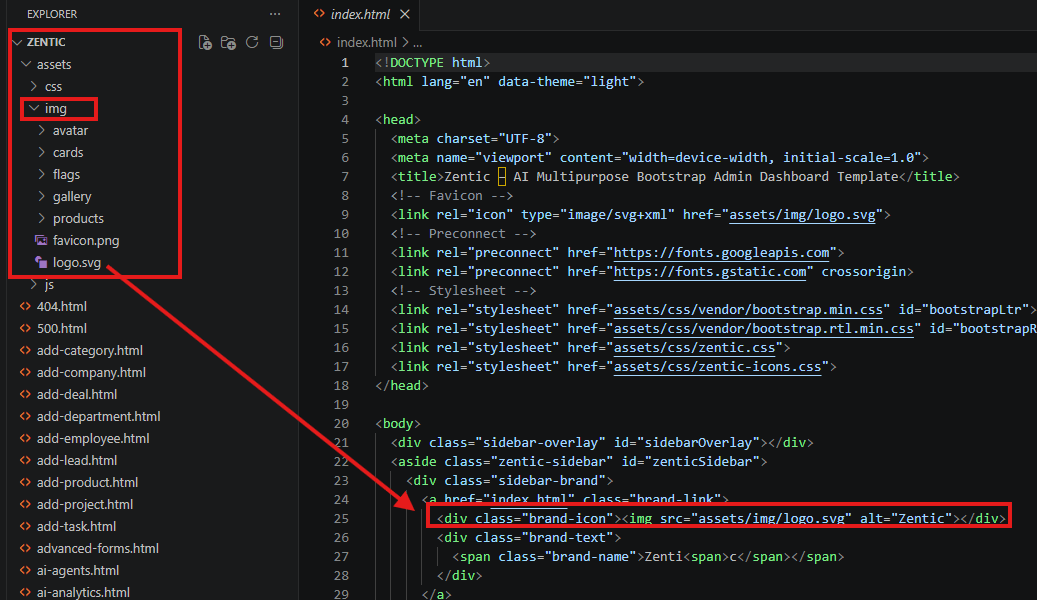 Logo HTML markup example showing img tag with assets/img/logo.svg src
