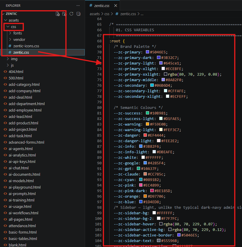 CSS variables example showing --zc-primary, --zc-secondary, and color vars