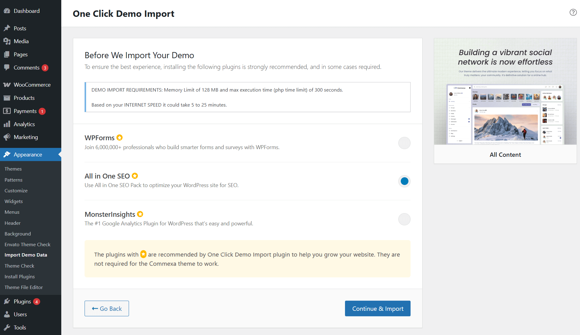 Demo import screen 2